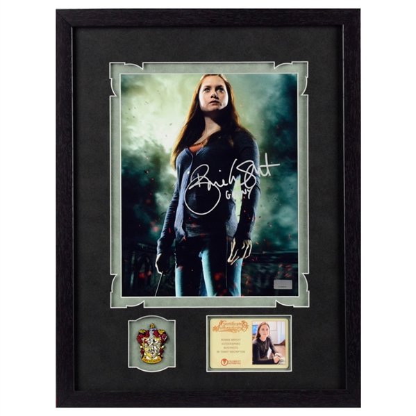 Bonnie Wright Autographed Harry Potter Ginny Weasley 8x10 Photo Framed with Gryffindor Pin
