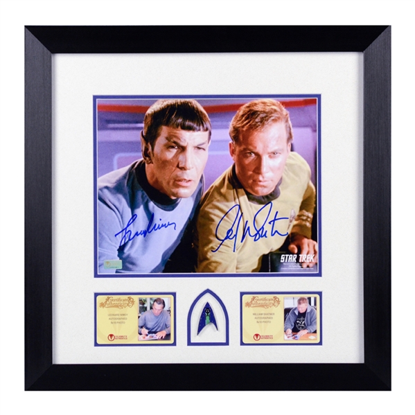 William Shatner & Leonard Nimoy Autographed Star Trek Kirk & Spock 8x10 Photo Framed with Starfleet Enterprise Pin