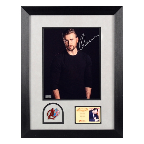 Chris Evans Autographed 8x10 Photo Framed with Captain America Pin