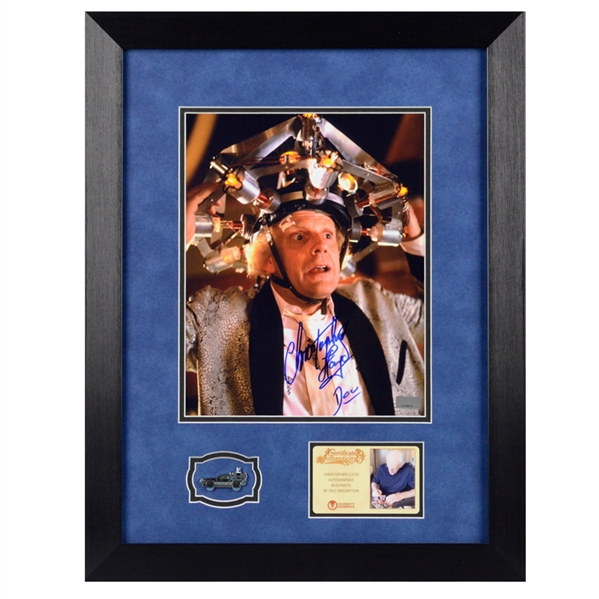 Christopher Lloyd Autographed Back to the Future Doc 8x10 Photo Framed With DeLorean Pin