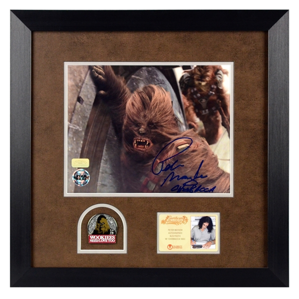 Peter Mayhew Autographed Star Wars Chewbacca 8x10 Photo Framed With Chewie Pin