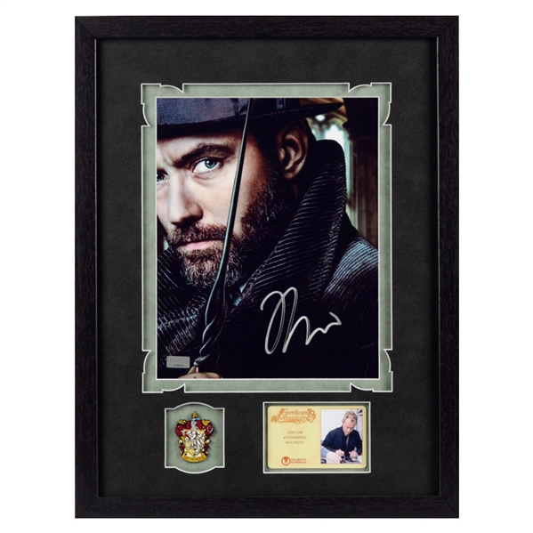 Jude Law Autographed Fantastic Beasts Dumbledore 8x10 Photo Framed With Gryffindor Pin