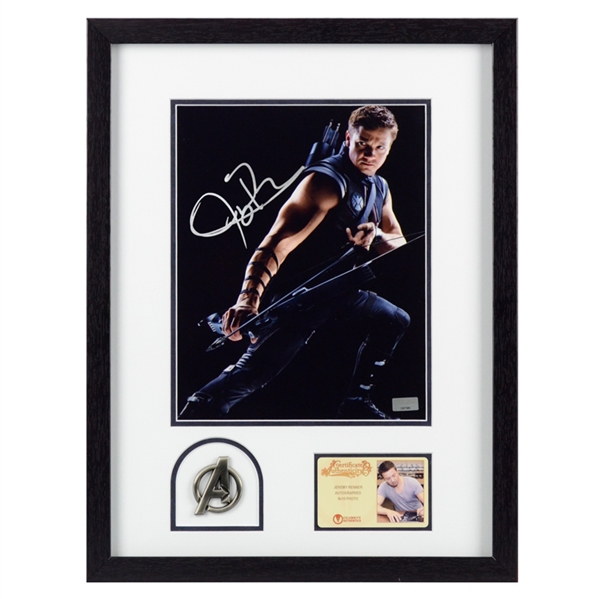 Jeremy Renner Autographed Hawkeye 8x10 Photo Framed With Avengers Pin