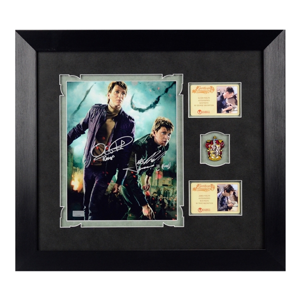 Oliver & James Phelps Autographed Harry Potter George & Fred Weasley 8x10 Photo Framed with Gryffindor Pin