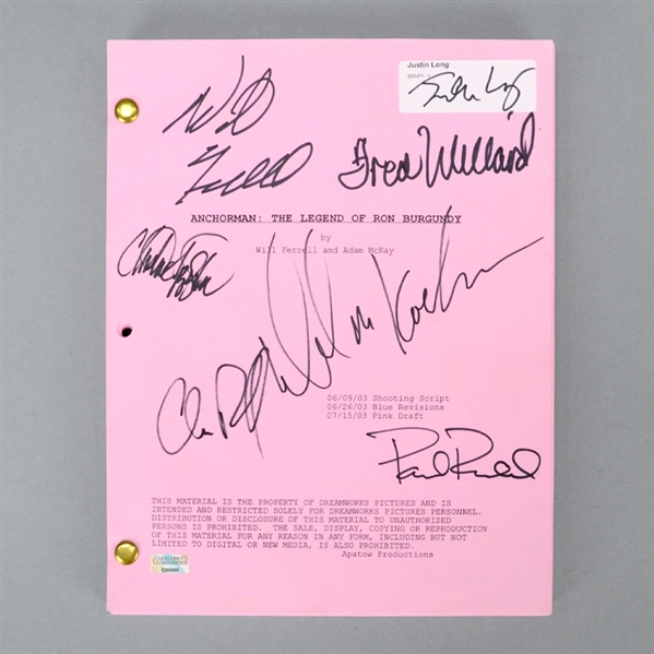 Will Ferrell, Carrie Fisher, Fred Willard, Christina Applegate, Paul Rudd, Justin Long Autographed Anchorman Original Justin Longs Personal Full Script