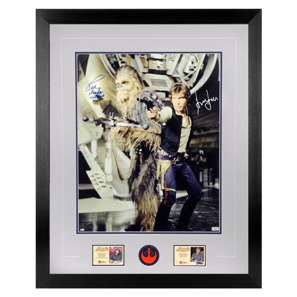 Harrison Ford, Peter Mayhew Autographed Han Solo and Chewbacca 16x20 Framed Photo