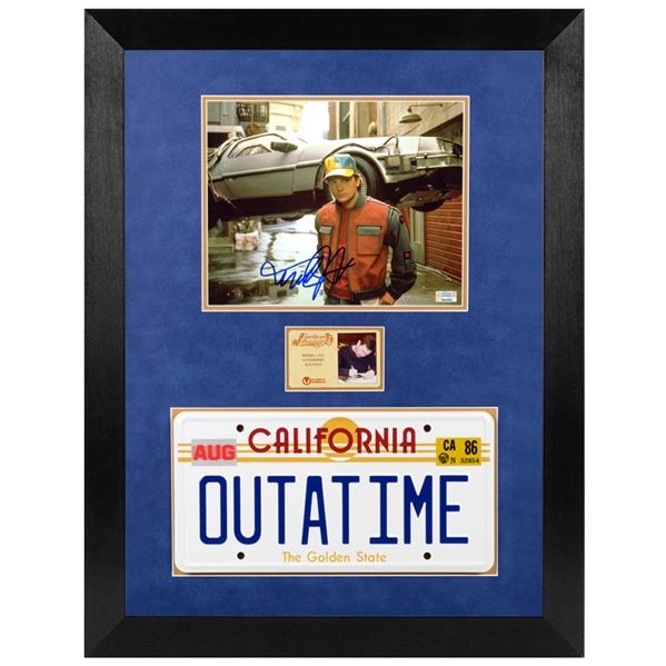 Michael J. Fox Autographed Back to the Future Marty McFly 8x10 Photo With OUTATIME License Plate Framed Display