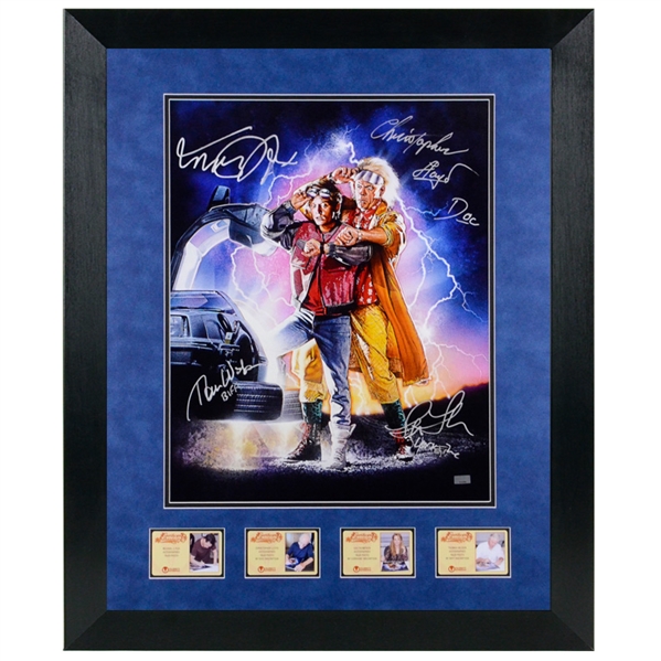 Michael J Fox, Christopher Lloyd, Tom Wilson, Lea Thompson Autographed Back to the Future II Framed 16x20 Dew Struzan Artwork 