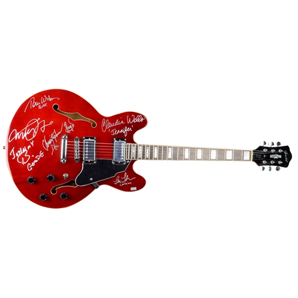 Michael J. Fox, Christopher Lloyd, Tom Wilson, Lea Thompson Autographed Back to the Future Cast Autographed Cherry Red Guitar