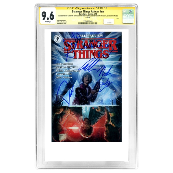 Millie Bobby Brown, David Harbour, Finn Wolfhard, Noah Schnapp, Caleb McLaughlin, Gaten Matarazzo Stranger Things Cast Autographed 2018 Ashcan #nn Dragao Brasil #112 CGC SS 9.6 * RARE (nr mint)