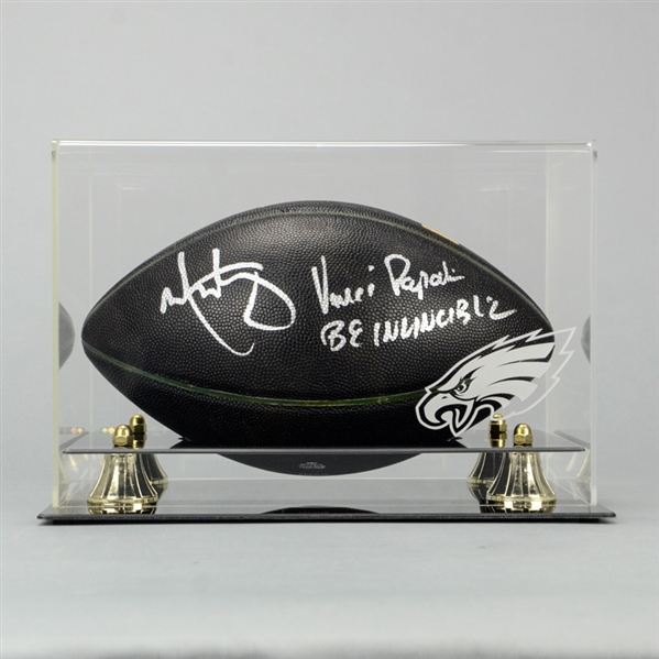 Mark Wahlberg and Vince Papale Autographed Black Eagles Logo Football with Glass Display Case