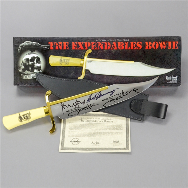 Sylvester Stallone, Harrison Ford, Arnold Schwarzenegger Autographed The Expendables 14" Gil Hibben Knife