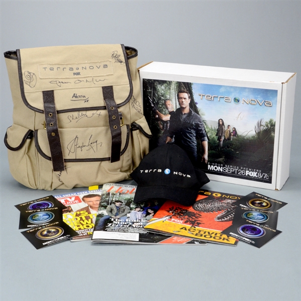 Terra Nova Crew Gift Set with Cast Autographed Backpack signed by Jason OMara, Stephen Lang, Alana Mansour, Allison Miller, Rod Hallett, Conn, Adams, Naomi Scott, Kessell