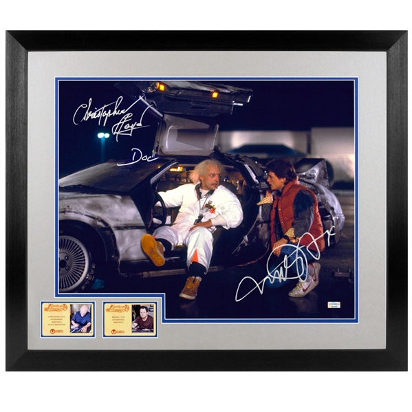 Michael J. Fox and Christopher Lloyd Autographed Back to the Future DeLorean 16x20 Framed Scene Photo
