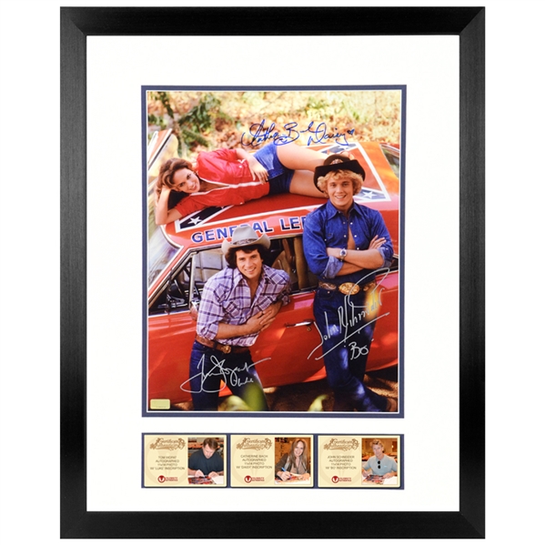 John Schneider, Tom Wopat, Catherine Bach Autographed Dukes of Hazzard General Lee 11x14 Framed Photo
