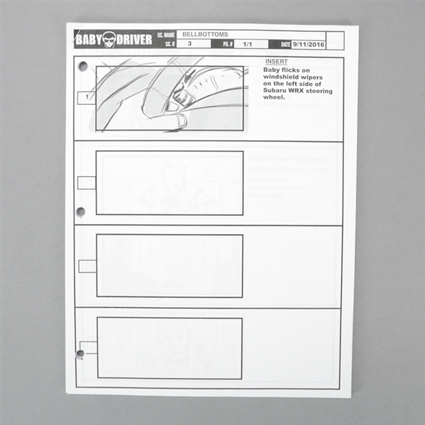 Baby Driver Production Used Storyboards * 38 Pages! * Ansel Elgort, Jamie Foxx * Very Rare