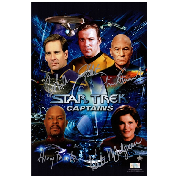Scott Bakula, William Shatner, Patrick Stewart, Kate Mulgrew, Avery Brooks Autographed Star Trek Captains 10×15 Photo