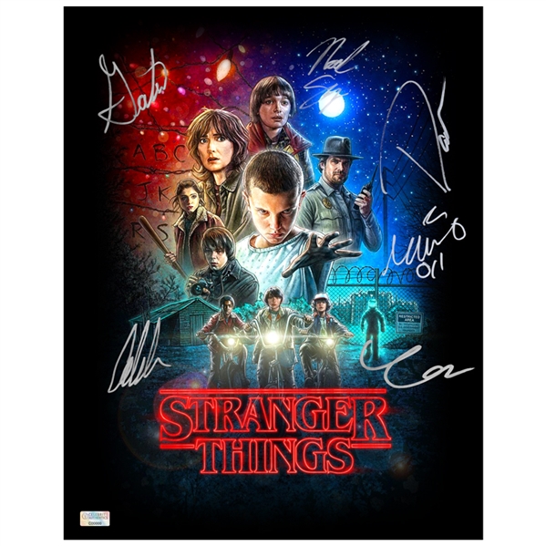 Millie Bobby Brown, Finn Wolfhard, Noah Schnapp, David Harbour, Gaten Matarazzo and Caleb McLaughlin Autographed 11x14 Stranger Things Poster