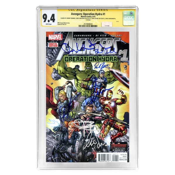 Chris Evans, Chris Hemsworth, Tom Hiddleston, Jeremy Renner, Paul Rudd, Paul Bettany and Cobie Smulders Autographed Avengers: Operation Hydra #1 CGC SS 9.4