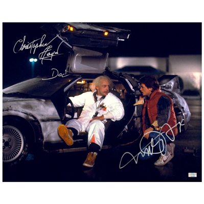 Michael J. Fox, Christopher Lloyd Autographed Back to the Future Marty McFly, Doc Brown DeLorean 16x20 Photo