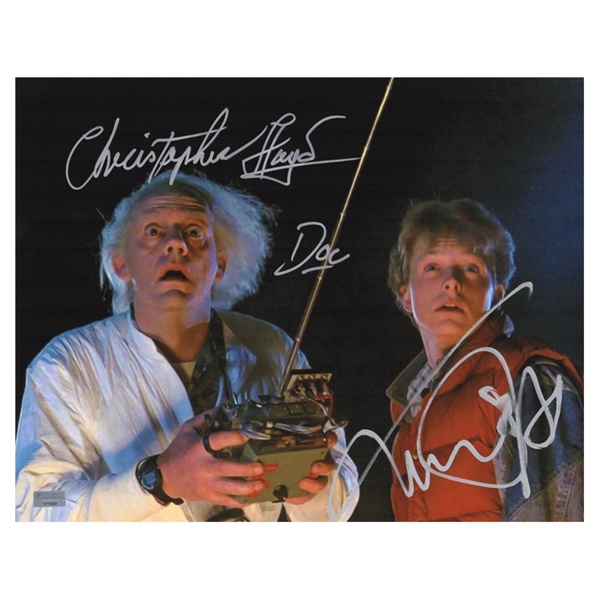 Michael J. Fox, Christopher Lloyd Autographed Back to the Future Marty McFly, Doc Brown Controls 11x14 Photo