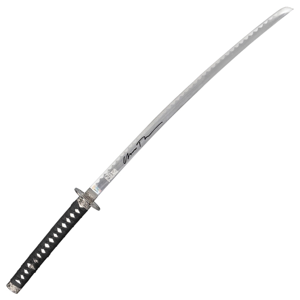 Uma Thurman Autographed Kill Bill Brides Movie Katana with Lion Engraved Blade and Display Stand