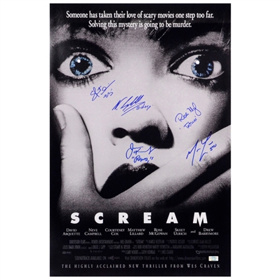Skeet Ulrich, Neve Campbell, Matthew Lillard, Rose McGowan, Jamie Kennedy Autographed 1996 Scream 16x24 Movie Poster