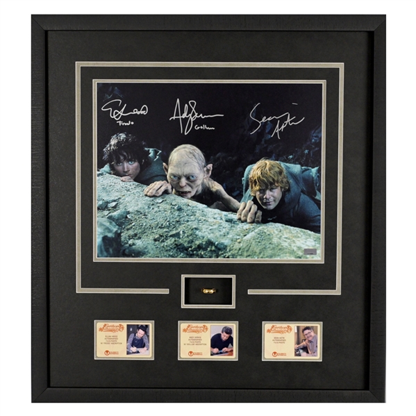Elijah Wood, Sean Astin, Andy Serkis Autographed Lord of the Rings Scene 11x14 Framed Photo with Special Edition Lord of the Rings Engraved Ring