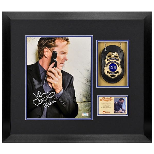 Kiefer Sutherland Autographed 24 Jack Bauer 8x10 Photo with Badge Framed Display