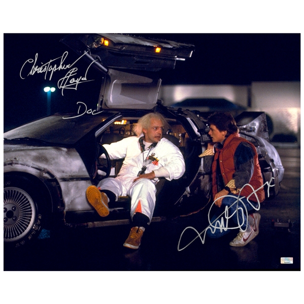 Michael J. Fox, Christopher Lloyd Autographed Back to the Future Marty McFly, Doc Brown DeLorean 16x20 Photo