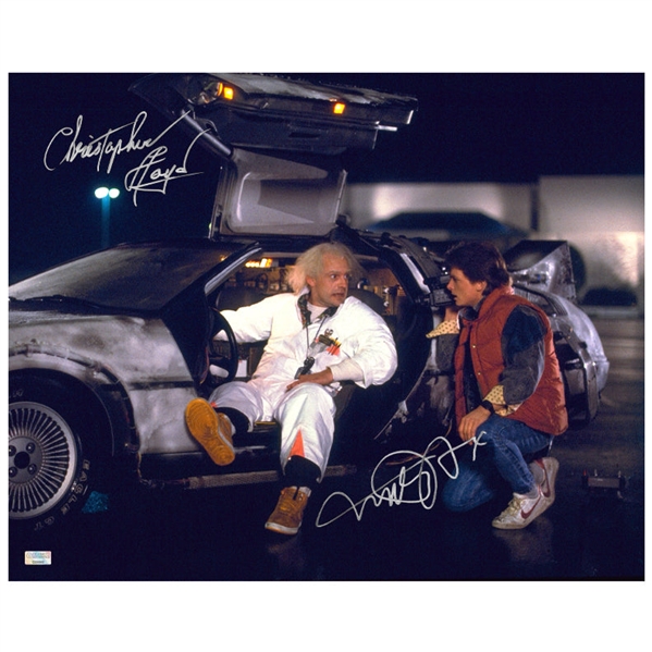 Michael J. Fox, Christopher Lloyd Autographed Back to the Future Marty McFly, Doc Brown DeLorean 16x20 Photo