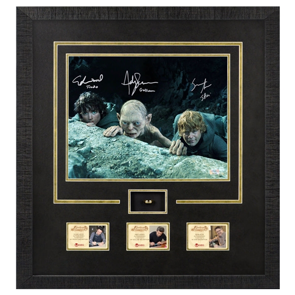 Elijah Wood, Sean Astin, Andy Serkis Autographed Lord of the Rings Scene 11x14 Framed Photo with Special Edition Lord of the Rings Engraved Ring