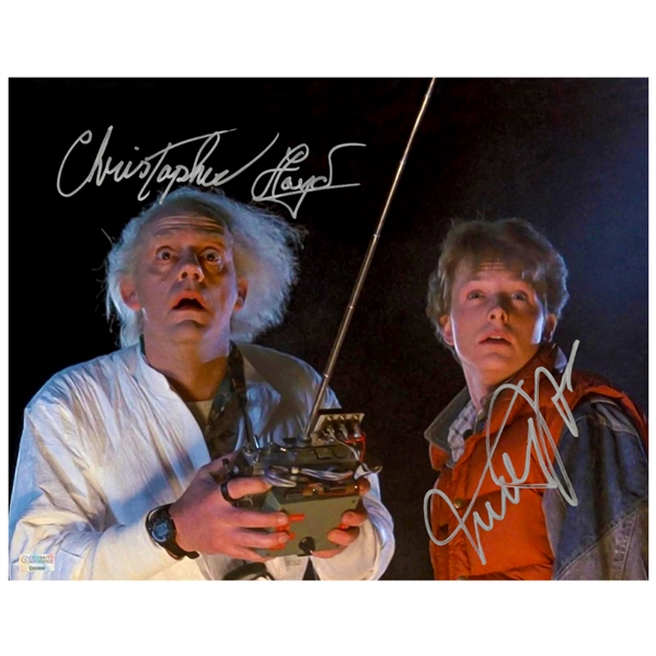 Michael J. Fox, Christopher Lloyd Autographed Back to the Future Marty McFly, Doc Brown Controls 11x14 Photo