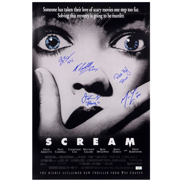   Skeet Ulrich, Neve Campbell, Matthew Lillard, Rose McGowan, Jamie Kennedy Autographed 1996 Scream 16x24 Movie Poster