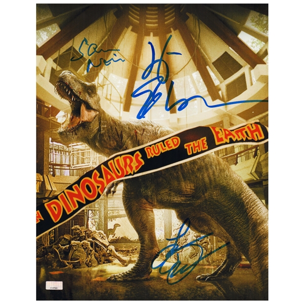 Laura Dern, Jeff Goldblum, Sam Neill Autographed 1993 Jurassic Park When Dinosaurs Ruled the Earth 11x14 Photo