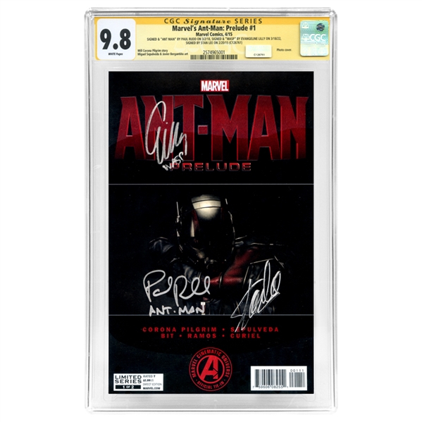 Paul Rudd, Evangeline Lilly, Stan Lee Autographed 2015 Marvels Ant-Man Movie Prelude #1 CGC SS 9.8