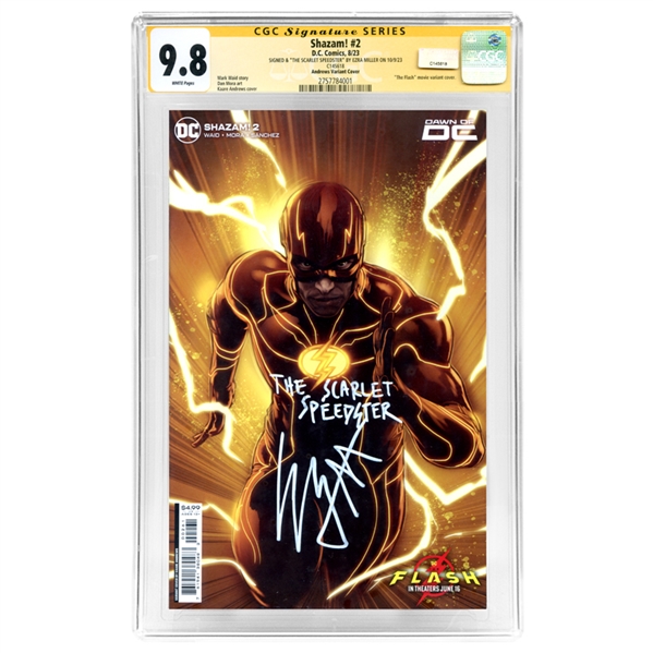 Ezra Miller Autographed 2023 Shazam! #2 Kaare Andrews Variant Cover CGC SS 9.8 with The Scarlet Speedster Inscription