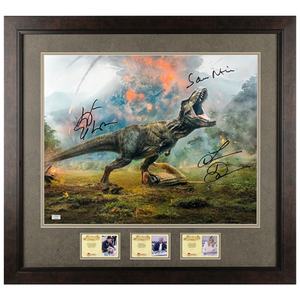 Laura Dern, Jeff Goldblum, Sam Neill Jurassic World Autographed T-Rex 16x20 Framed Photo