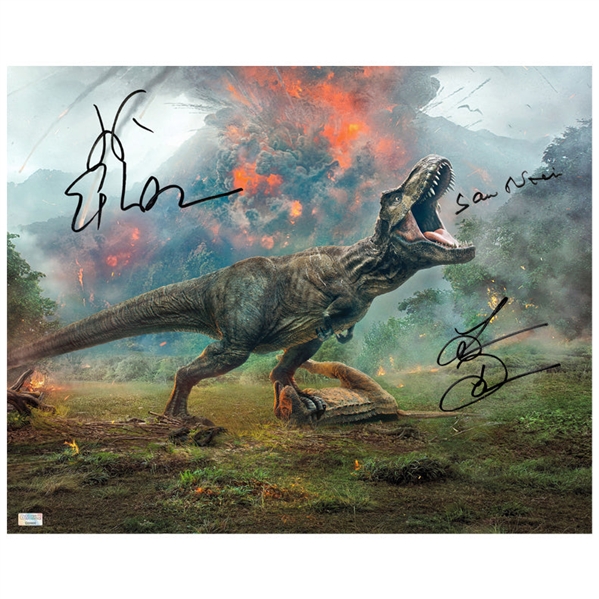 Laura Dern, Jeff Goldblum, Sam Neill Jurassic World Autographed T-Rex 16x20 Photo