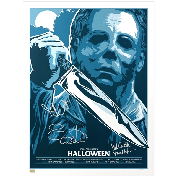 Jamie Lee Curtis, Nick Castle, John Carpenter Autographed Halloween 18x24 Silver Screen Edition Print