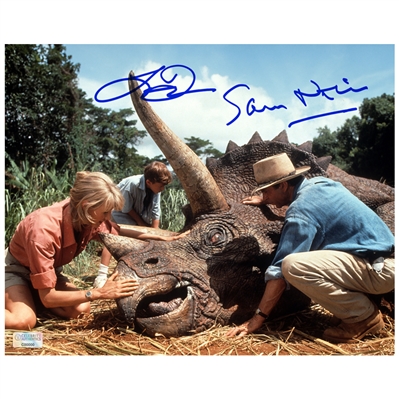 Laura Dern and Sam Neill Autographed 1993 Jurassic Park Triceratop Rescue 8x10 Photo