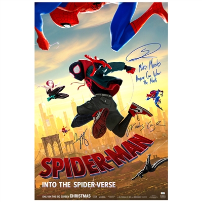 Shameik Moore, Nicolas Cage, Zoe Kravitz Autographed Spider-Man Into The Spider-Verse Double-Sided Original 27x40 Movie Poster with Inscription