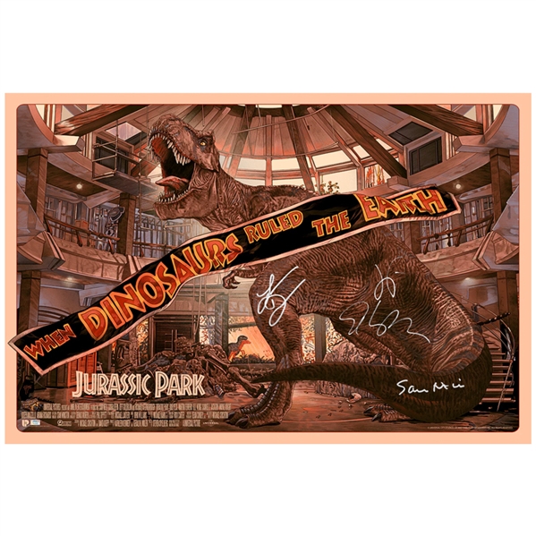 Sam Neill, Jeff Goldblum, Laura Dern Autographed Juan Carlos Ruiz Burgos Jurassic Park 24x36 Ltd Ed Print 