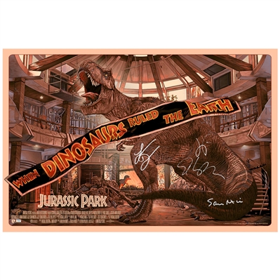 Sam Neill, Jeff Goldblum, Laura Dern Autographed Juan Carlos Ruiz Burgos Jurassic Park 24x36 Ltd Ed Print 