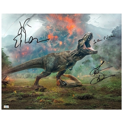 Jeff Goldblum, Sam Neill, Laura Dern Jurassic World Autographed T-Rex 16x20 Photo
