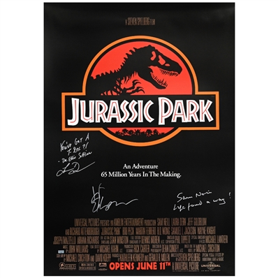 Jeff Goldblum, Laura Dern, Sam Neill Autographed 1993 Jurassic Park 27x39 Single-Sided Movie Poster with Rare Inscriptions