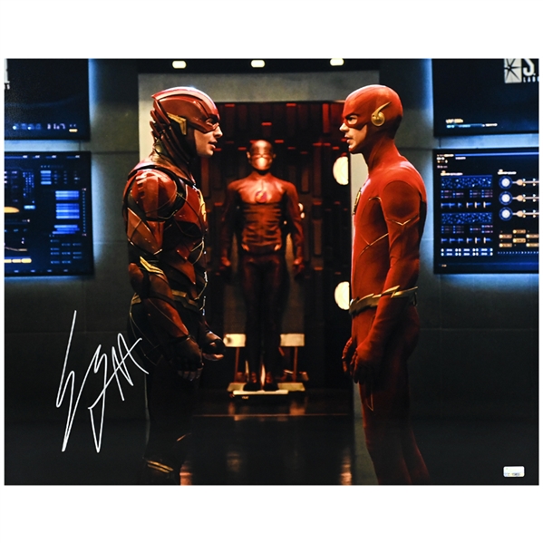 Ezra Miller Autographed Arrow Season 8 The Flash Multiverse 16x20 Photo with Grant Gustin