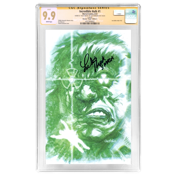 Lou Ferrigno Autographed 2023 Incredible Hulk #1 Gleason Virgin Edition SS CGC 9.9 with Hulk Inscription