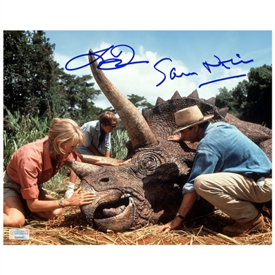 Laura Dern and Sam Neill Autographed 1993 Jurassic Park Triceratop Rescue 8x10 Photo